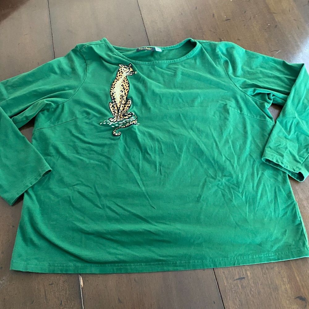 Bob Mackie Wearable Art Cheetah  XL Green Cotton Embroidered Long Sleeve Womens